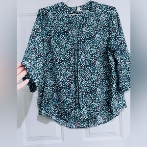 Dana Buchman Blouse Womens Size XL Black Blue Dots 3/4 Sleeve Vneck